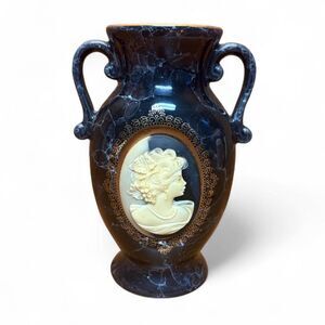 Vintage Japanese Black "Marbled" Porcelain Bud Vase w/Faux Cameo, Gold Trim 5.5"